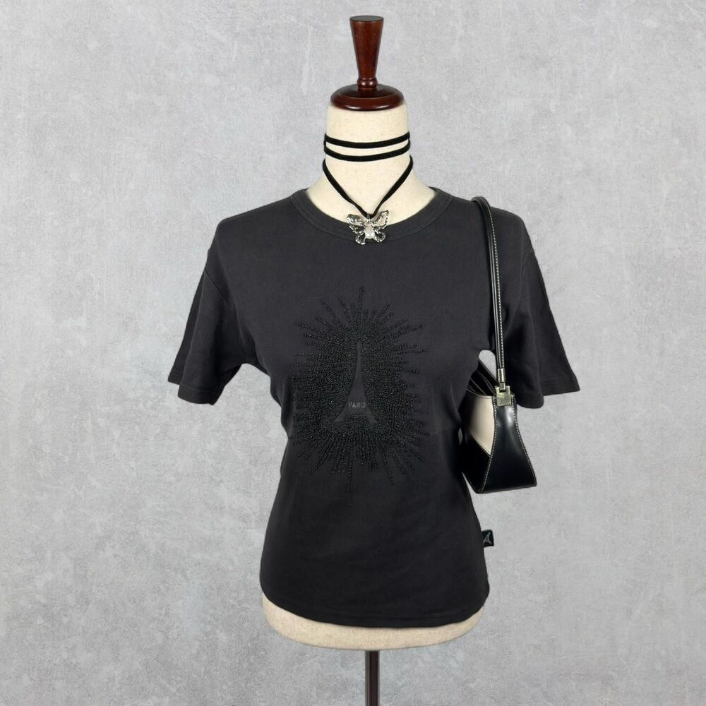 Faded Black Paris Beaded Eiffel Tower Grunge Alt Graphic Tee